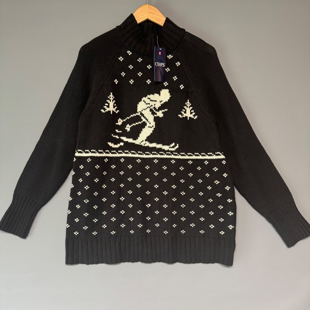 Chaps‎ Mens Black Ski Graphic Mock Neck Knit Sweater Large New Holiday Gorpcore